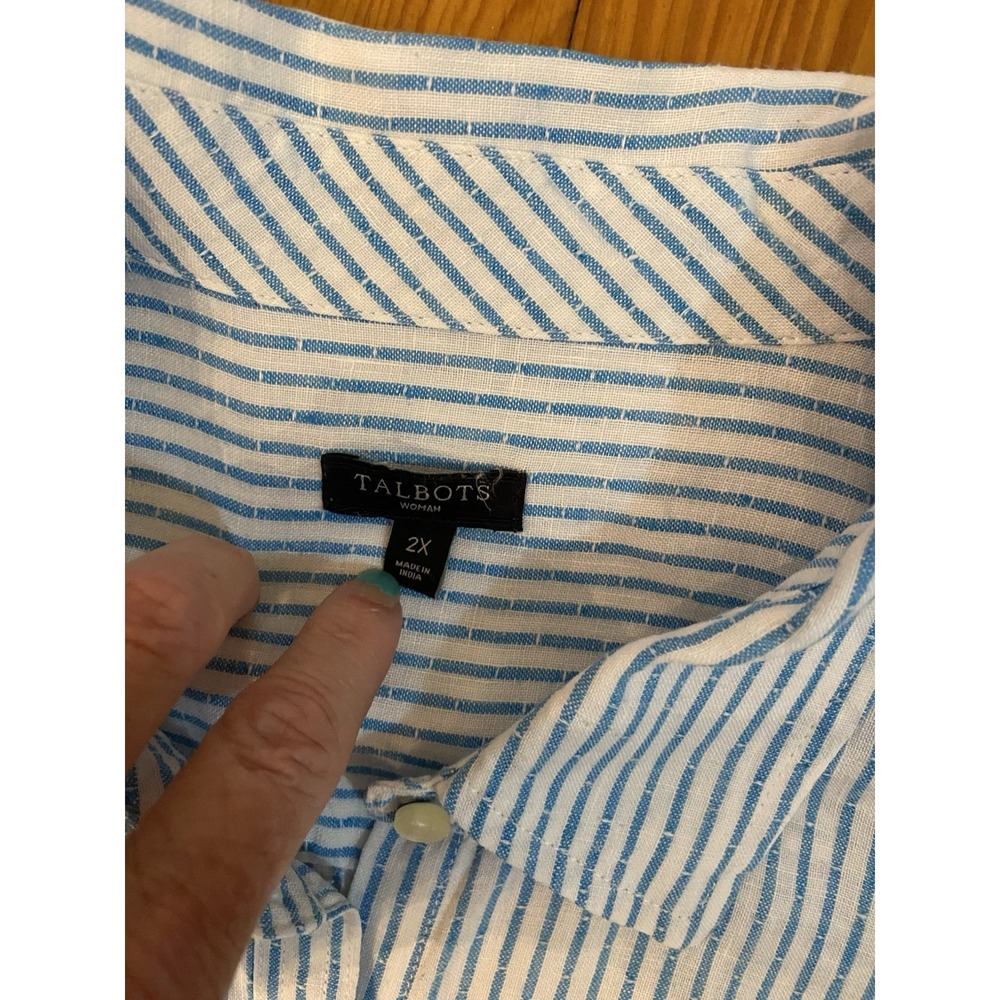 Talbots Shirt Sz 2XL Blue White Striped LONG Sleeve Button Up Career Office Work - Picture 2 of 8